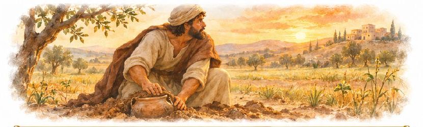 Illustration of a man uncovering a clay jar in a field